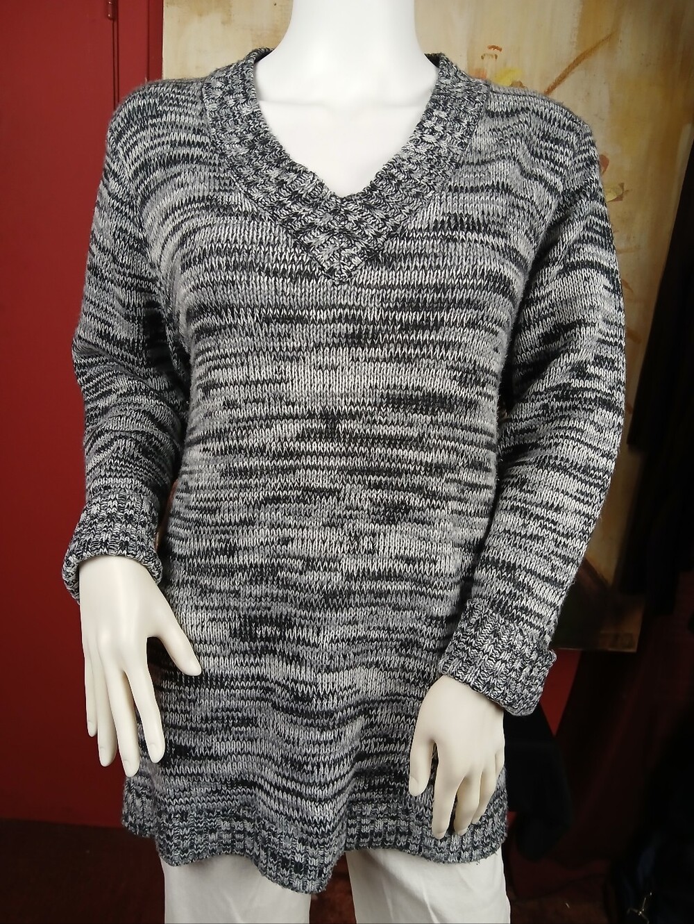 Faded Glory Space Dye V-Neck Knit Sweater Cozy Gray Black Tunic Pullover 1X